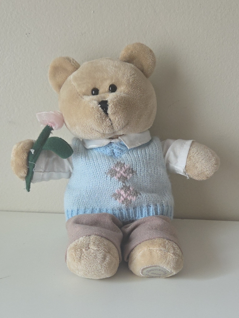 Starbucks 2006 Beige Baristabear with Light Blue Sweater and Pink Rose